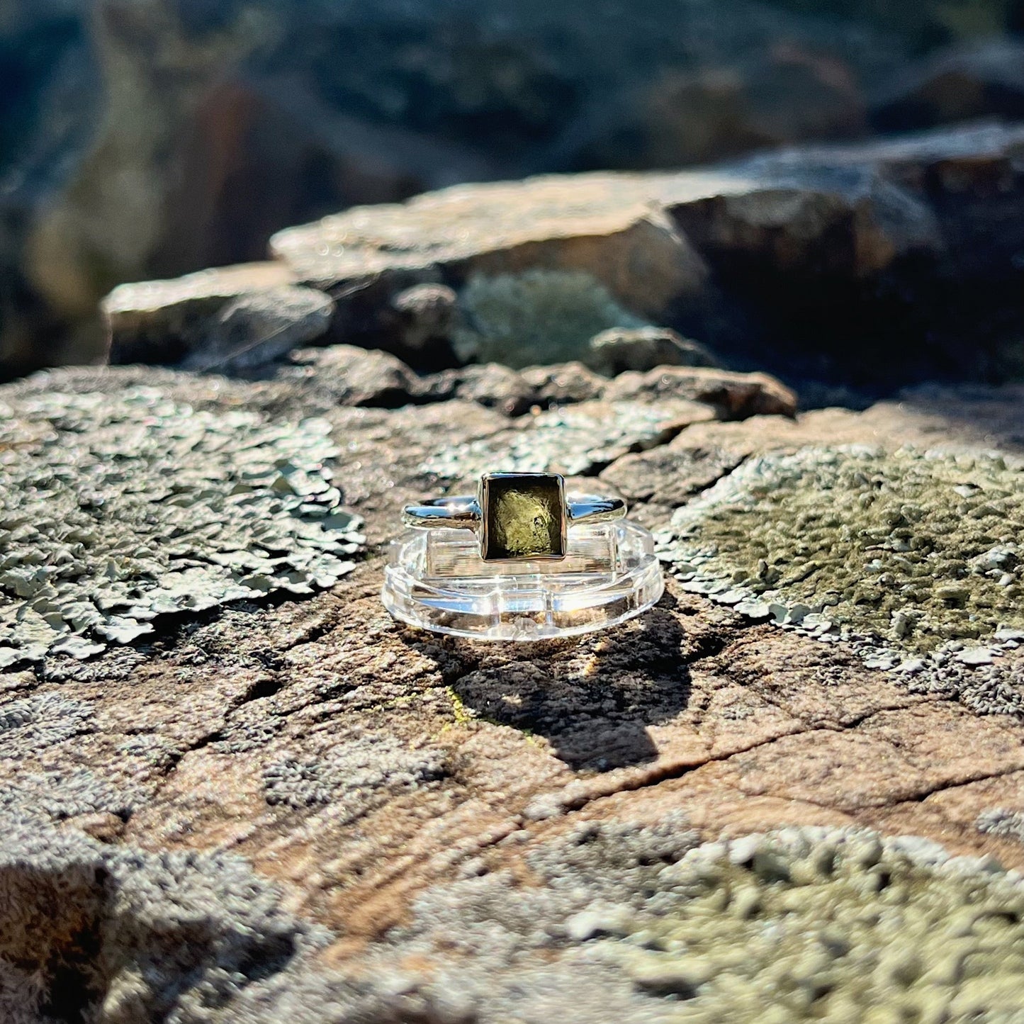 Raw Square Moldavite Ring (Size 7)