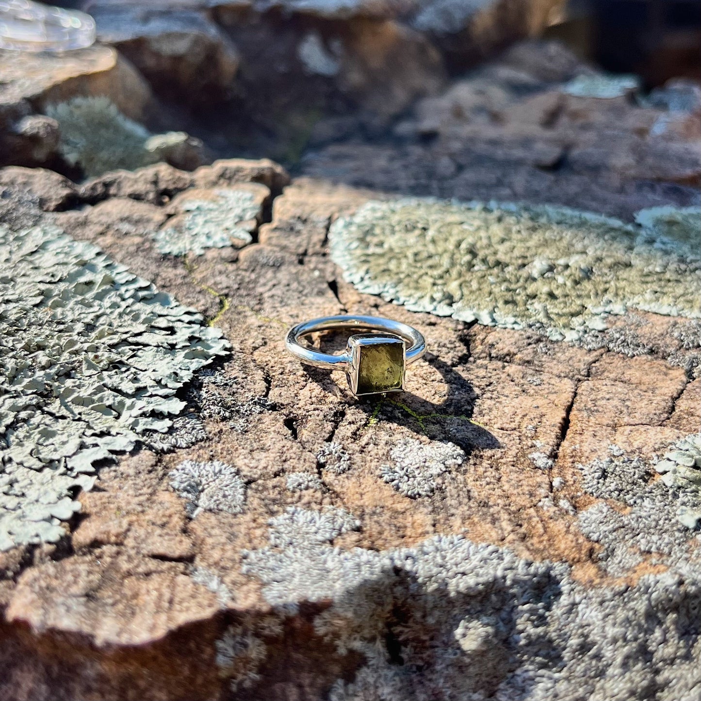 Raw Square Moldavite Ring (Size 7)