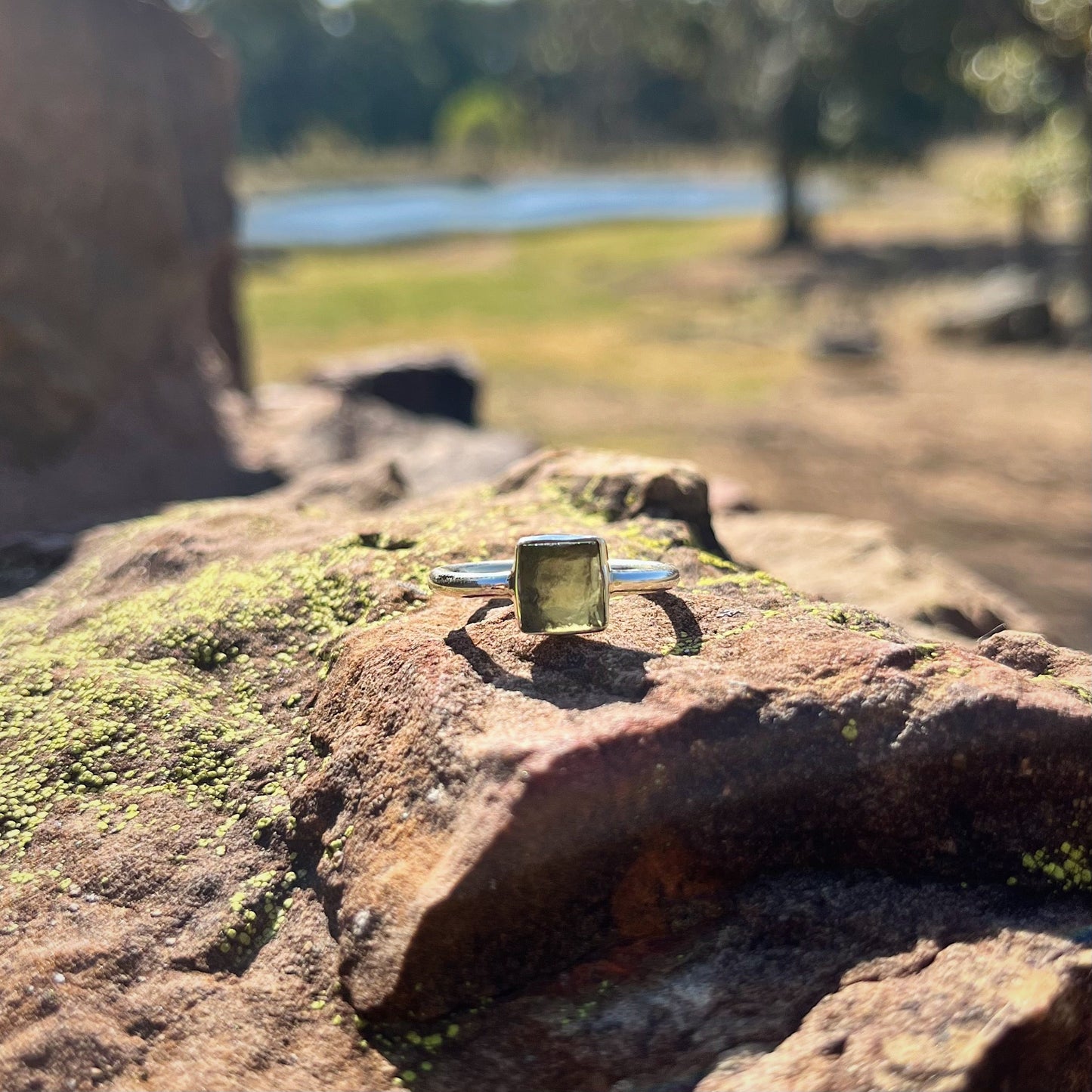 Raw Square Moldavite Ring (Size 8)