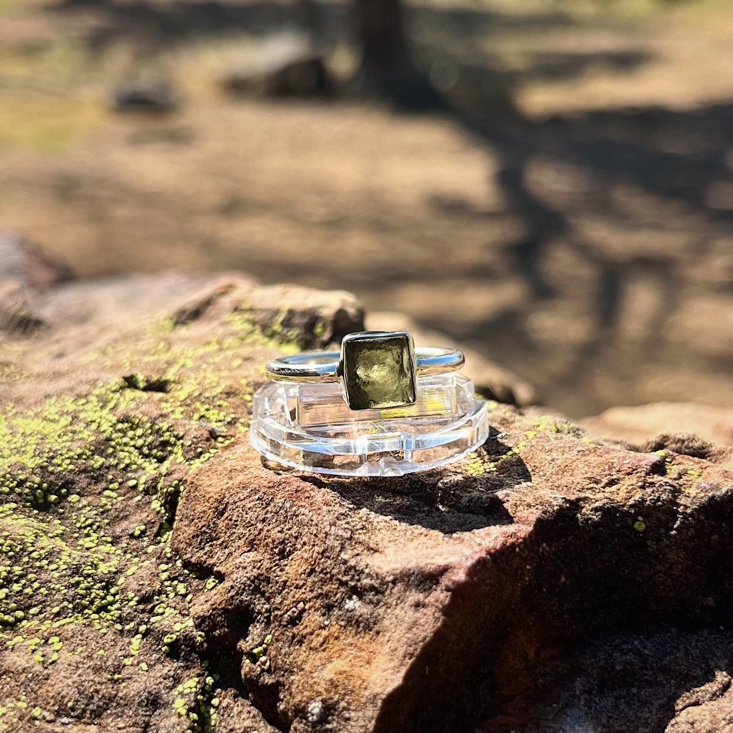 Raw Square Moldavite Ring (Size 8)