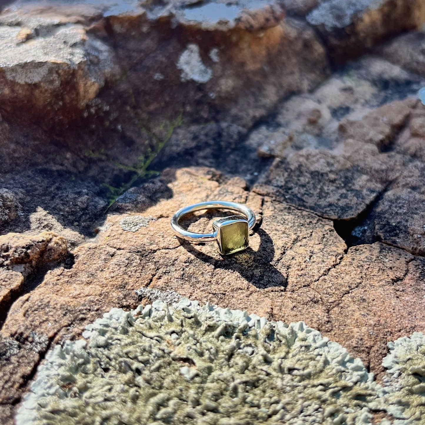 Raw Square Moldavite Ring (Size 7)