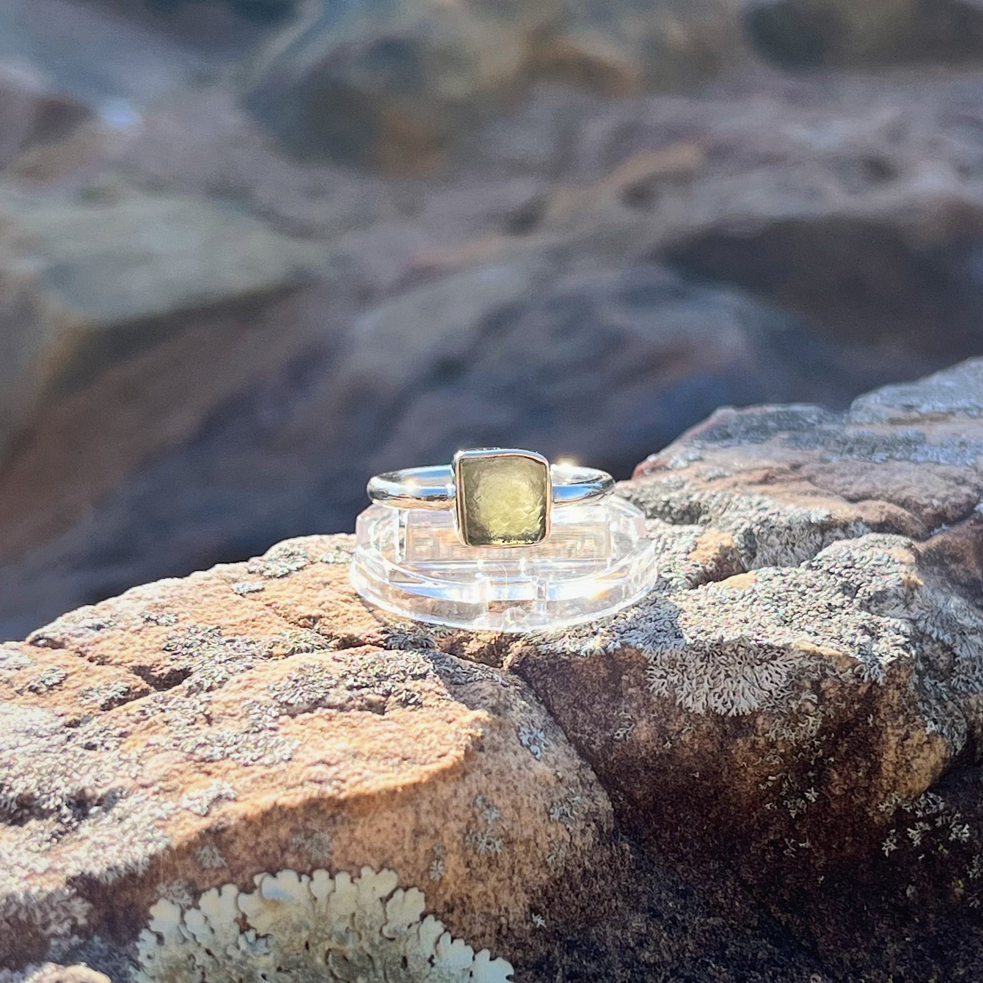 Raw Square Moldavite Ring (Size 7)