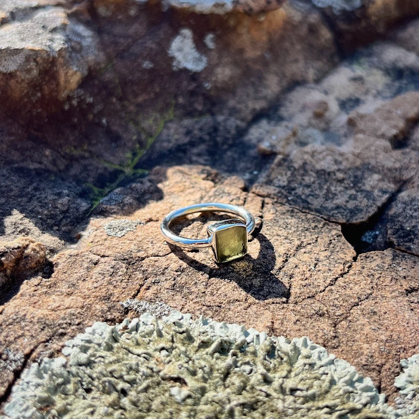 Raw Square Moldavite Ring (Size 7)
