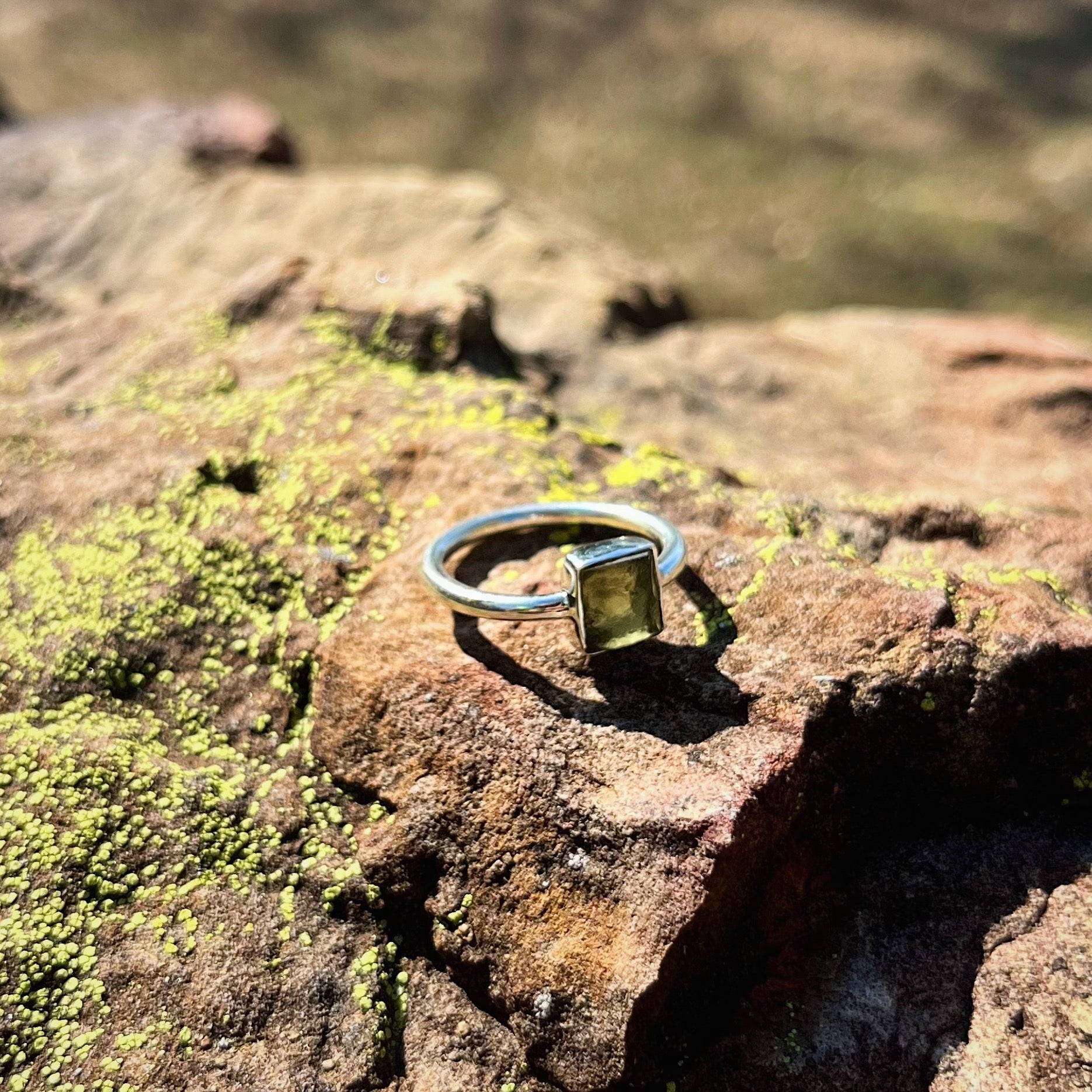 Raw Square Moldavite Ring (Size 8)