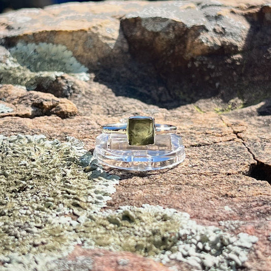 Raw Square Moldavite Ring (Size 8)